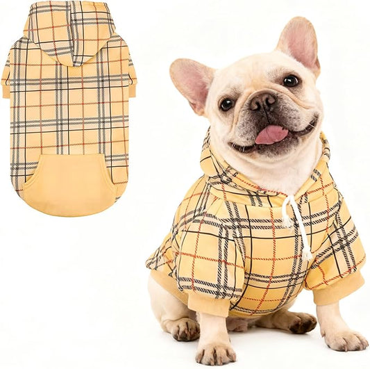 KOOLTAIL Plaid Dog Hoodie for Small Medium Large Dogs,Pet Clothes Sweater with Hat and Pocket for Cold Weather Winter, Soft&Warm Doggy Hooded Sweatshirt Coat Outfit for Puppy Cats Girls Boys Beige SM
