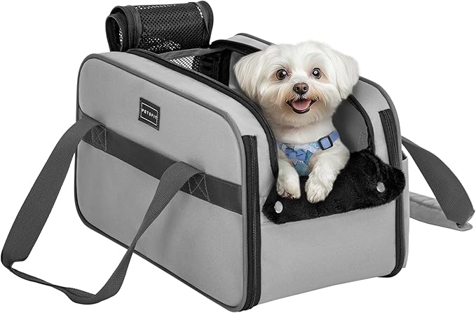 PETSFIT Multipurpose Console Dog Car Seat, Portable Small Dog Car Seat for Dogs, Cat Carrier, Pet Carrier Airline Approved with Safety Tether and Pockets (Light Grey)