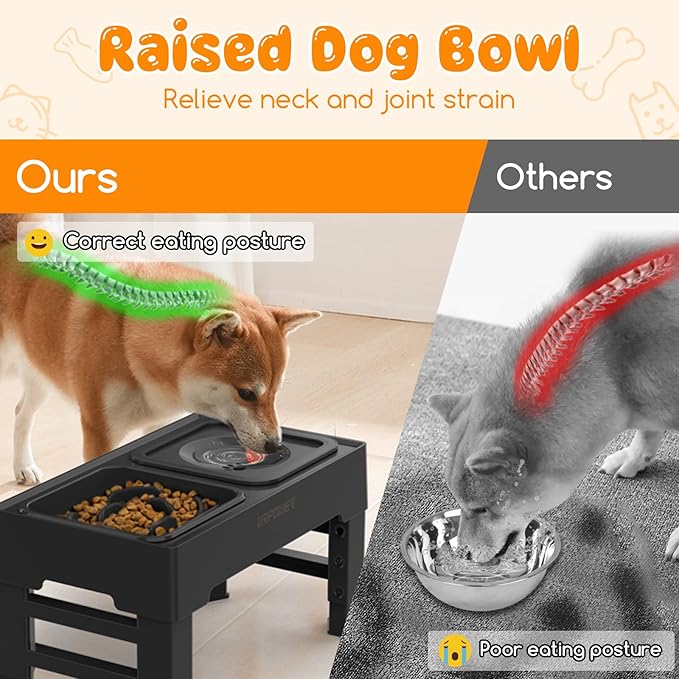 URPOWER 2-in-1 Elevated Slow Feeder Dog Bowls with No-Spill Water Bowl, 4 Height-Adjustable Raised Dog Bowls, Non-Slip Food and Water Bowls with Stand for Small, Medium, Large Dogs, Cats and Pets