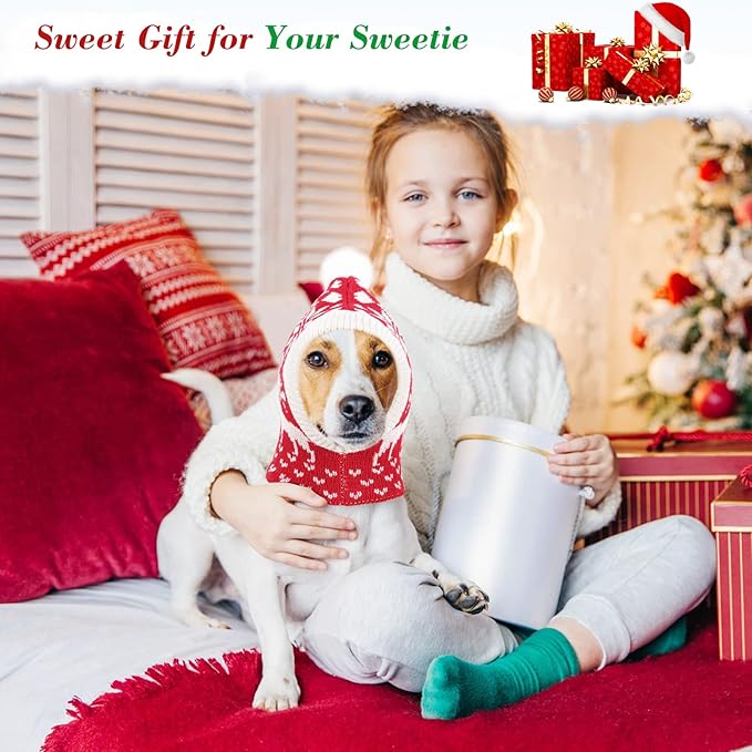 Pawaboo Christmas Pet Hat for Dogs, Funny Knitted Xmas Cap with Pom-Pom, Crocheted Snood Winter Warm Ear Flap Hat, Neck Warmer Hood Scarf for Medium Dogs, Party Decoration Gift, S, Xmas Elk Red