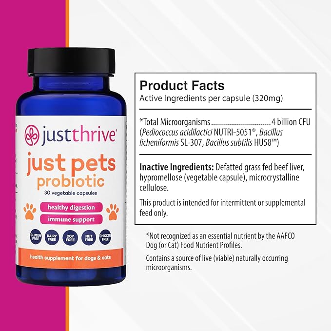 Just Thrive Just Pets Probiotic - Daily Digestive Probiotics for Dogs and Cats - 4 Billion CFUs Pet Probiotic, 30 Capsules