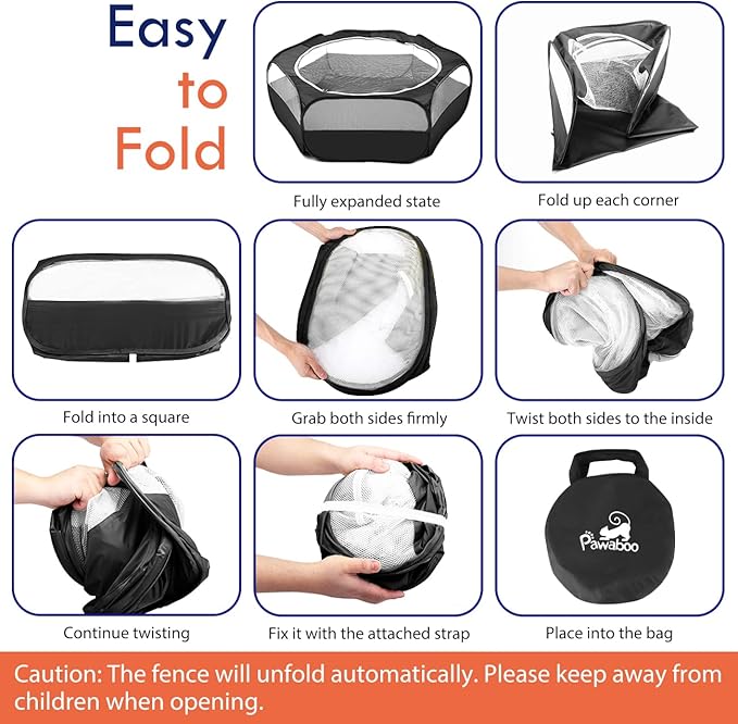 Pawaboo Small Animals Playpen, Waterproof Small Pet Cage Tent with Zippered Cover, Portable Outdoor Yard Fence with 3 Metal Rod for Kitten/Puppy/Guinea Pig/Rabbits/Hamster/Chinchillas, Black