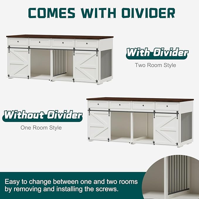 Furniture Style Dog Crate, 83" L Super Large Indoor Wooden Farmhouse Dog Kennel Furniture with Double Sliding Barn Doors, 4 Drawers & Room Divider, for Large Breed Dogs, White