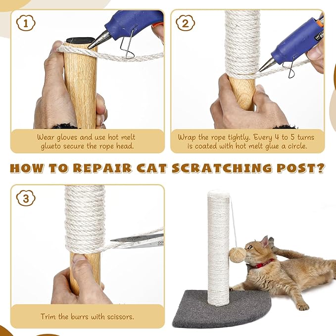 262 ft/80 m White Sisal Rope for Cat Scratcher, 1/5 inch/ 5 mm Thick Twine for Cat Scratching Post Cat Tree Replacements DIY Craft Projects, Jute Hemp Rope with 4 Random Colors Cat Toys