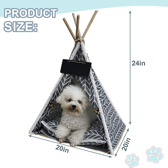 Pet Teepee, Portable Pet Tents for Small Dogs or Cats, Puppy Sweet Bed Washable Dog or Cat Houses with Cushion(Grey,24in)