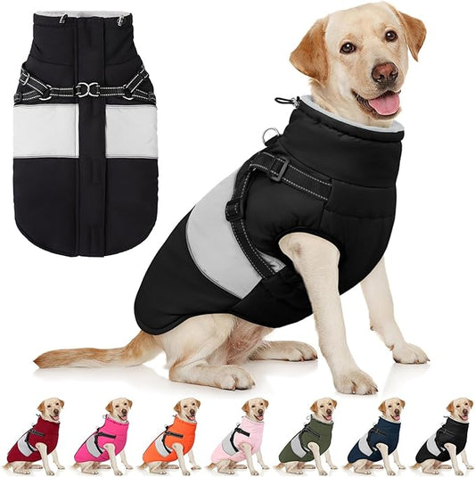 AOFITEE Dog Winter Coat, Dog Coat with Harness Built in, Dogs Jacket for Large Dogs, Reflective Waterproof Pet Puffer Jacket Snowsuit, Warm Fleece Windproof Pet Sweater for Cold Weather, XL