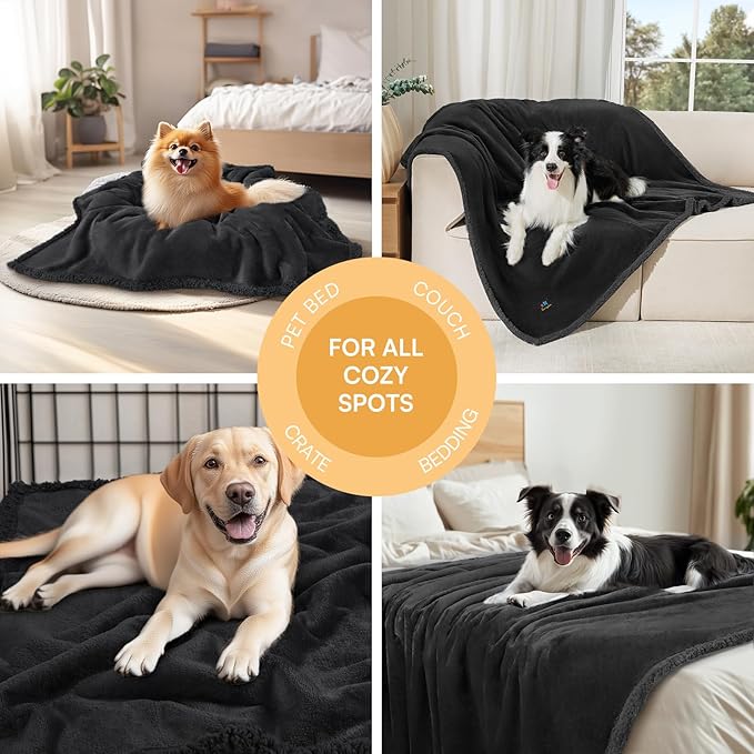 Waterproof Pet Blanket, Liquid Pee Proof Dog Blanket for Sofa Bed Couch, Reversible Sherpa Fleece Furniture Protector Cover for Small Medium Large Dogs Cats, Black X-Large（85" x 57"）