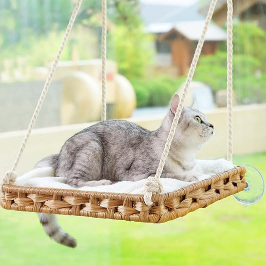 Cat Window Perch Cat Window Hammock Bed for Indoor Cats, Large Handwoven PE Rattan Window Seat, 4 Suction Cups, Double Sided Washable Cushion Bed, 2.3 Inch Fence Shelf, for Pet Kittens Natural