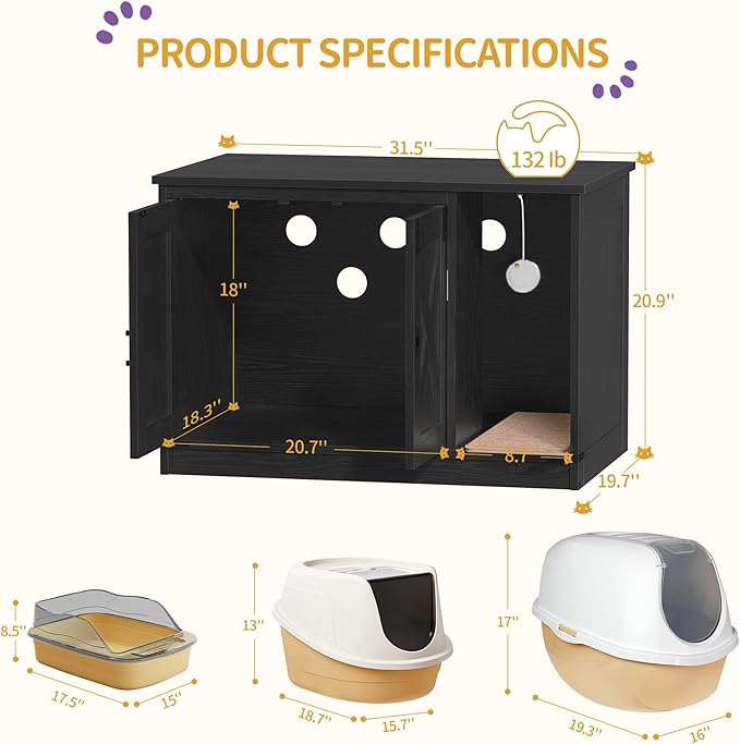 Cat Litter Box Enclosure, Hidden Litter Box Cabinet Furniture with Bell, Indoor Cat House, Farmhouse Style, 31.5 x 19.7 x 20.9Inches, for Hallway, Bedroom, Black CB82404X