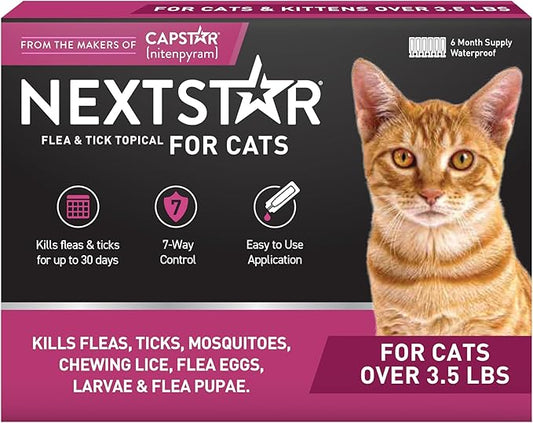 NEXTSTAR Flea and Tick Prevention for Cats, Repellent and Control, Fast Acting Waterproof Topical Drops, Flea Prevention for Cats Over 3.5 lbs, 6 Monthly Doses