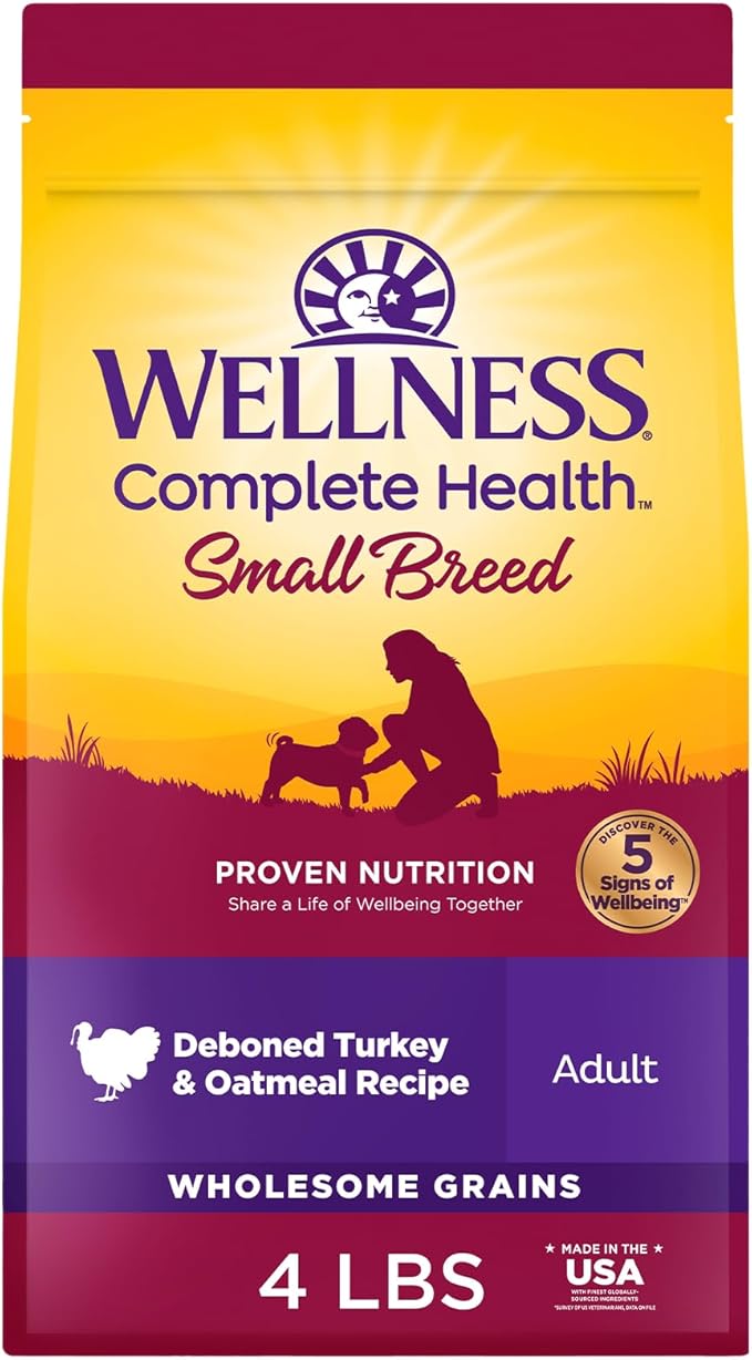 Wellness Complete Health Small Breed Dry Dog Food with Grains, Natural Ingredients, Made in USA with Real Turkey, For Dogs Up to 25 lbs, (Adult, Turkey & Oatmeal, 4-Pound Bag)