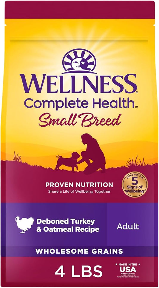 Wellness Complete Health Small Breed Dry Dog Food with Grains, Natural Ingredients, Made in USA with Real Turkey, For Dogs Up to 25 lbs, (Adult, Turkey & Oatmeal, 4-Pound Bag)