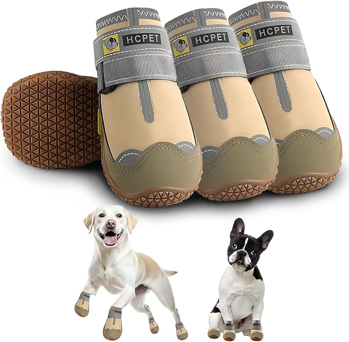 Hcpet Dog Shoes for Large Dogs, Waterproof Dog Booties for Small Medium Dogs, Anti-Slip Dog Boots & Paw Protectors for Hot Pavement Winter Snow Hiking with Reflective Straps Khaki Size 5