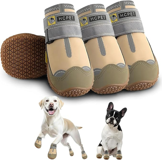 Hcpet Dog Shoes for Large Dogs, Waterproof Dog Booties for Small Medium Dogs, Anti-Slip Dog Boots & Paw Protectors for Hot Pavement Winter Snow Hiking with Reflective Straps Khaki Size 4