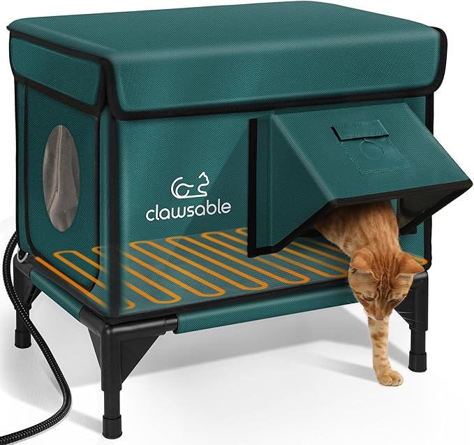 Indestructible Heated Cat House for Outside Winter, 100% Waterproof, Safe Escape Door, Insulated Outdoor Cat Shelter with Heater for Feral Barn Cat Kitty (Forest Green, 12"x16"x18")