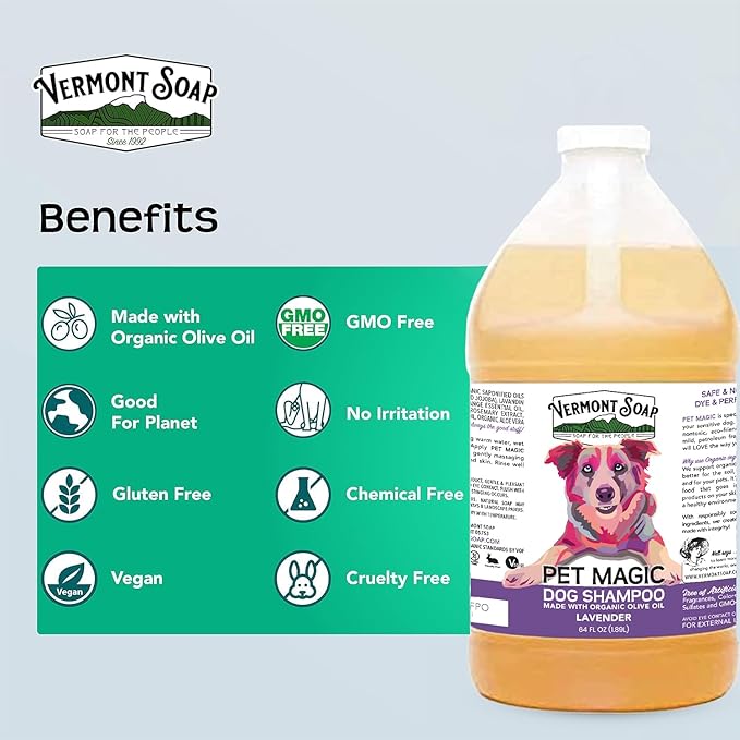 VERMONT SOAP Organics Pet Shampoo - Infused with Organic & Natural Olive Oil, Coconut & Aloe Vera Dog Shampoo for Sensitive Skin - USDA Certified Grooming, Lavender (64oz)