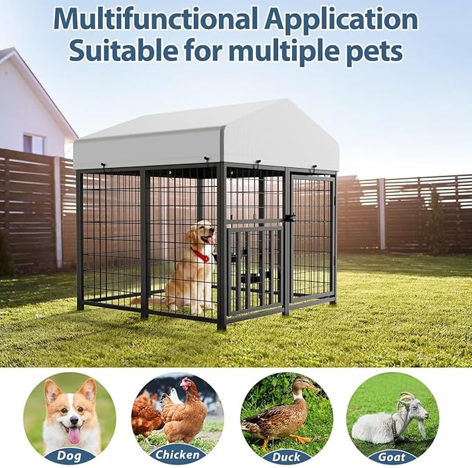 ROOMTEC Large Dog Kennel Outdoor Pet Pens Dogs Run Enclosure Animal Hutch Metal Coop Fence with Roof Cover (4'L x 4'W x 4.25'H)