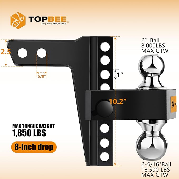 Tow Hitch- Fits 2.5'' Receiver Only, 8'' Drop/Rise Drop, Dual Ball (2'' X 2-5/16''), Adjustable Aluminum Trailer Hitch for Heavy Duty Truck -18,500 Gtw with Trailer Locks