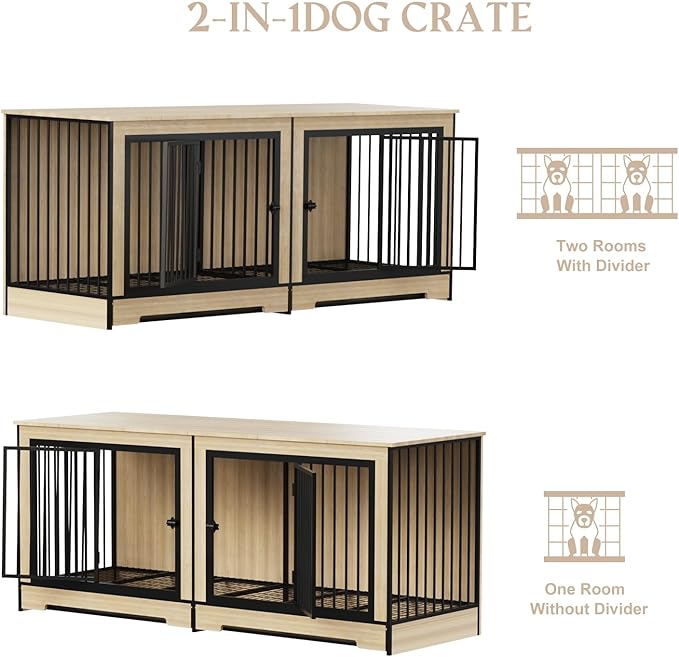 Furniture Dog Crate for Large Dogs, 75" Double Door Heavy Duty Dog Kennel with Removable Divider, XXL Wooden Dog Crate TV Stand, End Table, Pet Crate Cabinet for Home Decor