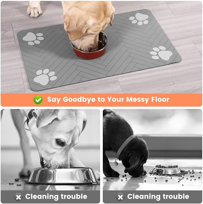 Pet Feeding Mat-Absorbent Pet Placemat for Food and Water Bowl, with Waterproof Rubber Backing, Quick Dry Water Dispenser Mat for Dog and Cat (20"x12", Striped Light Gray)