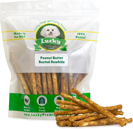 Peanut Butter Rawhide Twist Sticks Dog Treats – 125ct. Premium Rawhide Chew Sticks – Long Lasting Peanut Butter Flavored Chews for Small Dogs Made in USA with Natural Beef Hide