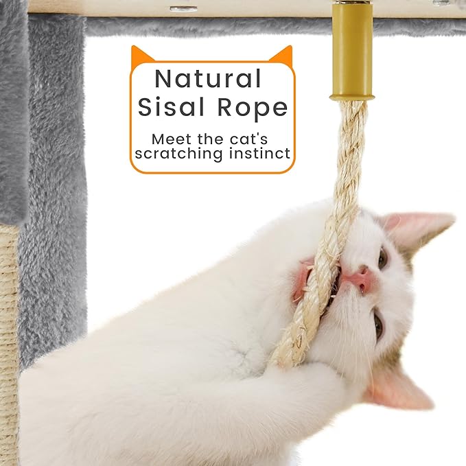 Yaheetech XL Cat Tree, 72in Multi-Level Cat Tower with 2 Cozy Caves, 3 Soft Perches, Scratching Posts, Board, and Dangling Ball, Pet Furniture Play House for Kittens/Cats, Light Gray