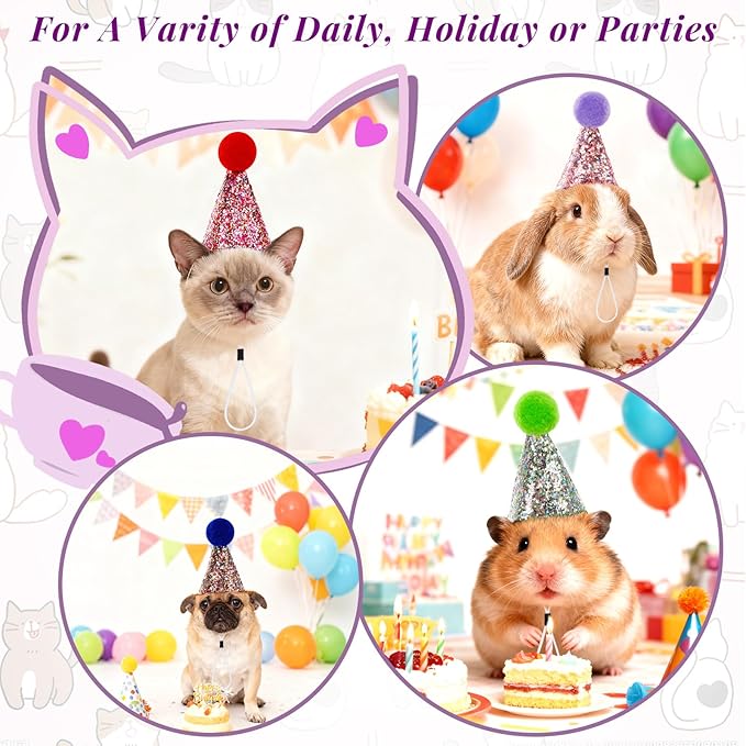 10 Pcs Mini Cat Birthday Party Hats with Pompoms Colorful Sequins, Puppy Holiday Wedding Hats, Cute Pet Costume Hat Accessories for Small Dogs Kittens Rabbits Stuffed Animals (Small, Round pom-pom)