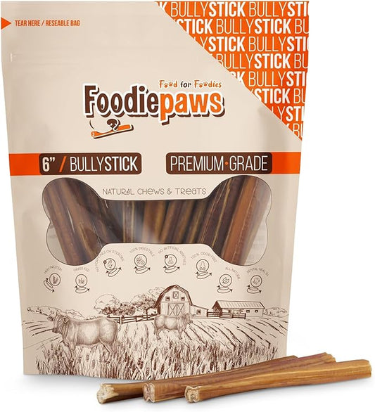 FOODIEPAWS 6 Inch Jumbo Bully Sticks for Dogs, 15 Pack | High Protein, All Natural Grass-Fed Beef Chews | Rawhide-Free, Fully Digestible & Long Lasting Treats | Perfect for Large Dogs