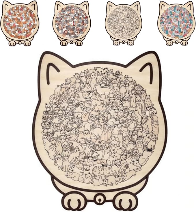 135-Piece Wooden Jigsaw Puzzle, Cat Shaped Puzzle for Home Decor, Cute Animal & Macaron Color Art, Framed Morandi Style Wall Decoration Gift (Wooden Natural Color)