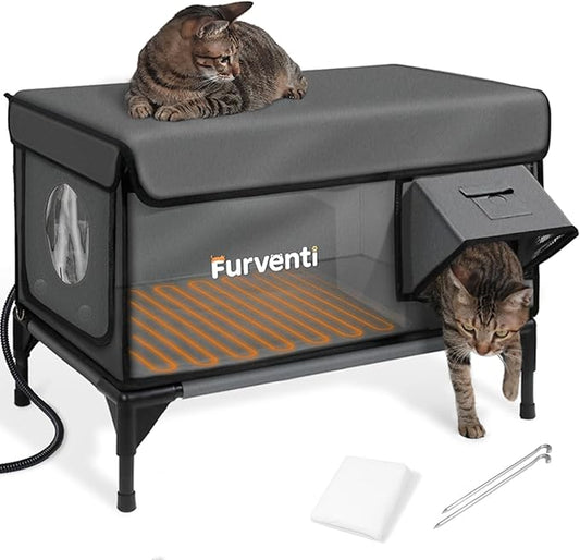 Heated Cat House for Outside,Dual Camera Mounts,100% Weatherproof & Extremely Insulated,Elevated Feral Cat Shelter with Escape Door,Waterproof Eaves for Outdoor Stray Barn Cat(Dark Grey,M)