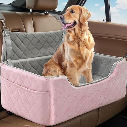 Dog Car Seat for Large/Medium Dogs, Dog Booster Seat for Under 55lbs or 2 Small Dogs, Non-Slip Removable and Washable Pet Car Seat,2 Safety Leashes, Travel Pet Bed, Pink