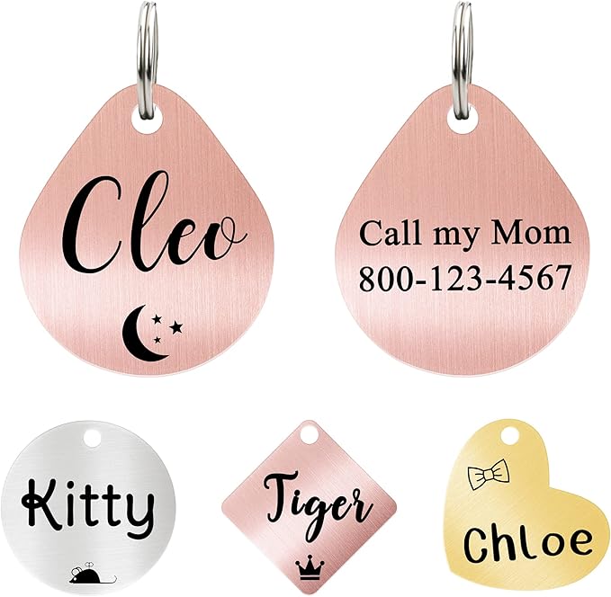 Ultra Joys Cat ID Tag Personalized Pet Tags, Durable Stainless Steel Small Pet Mini Dog Cat Tag Lightweight -Teardrop Tag in Rose Gold