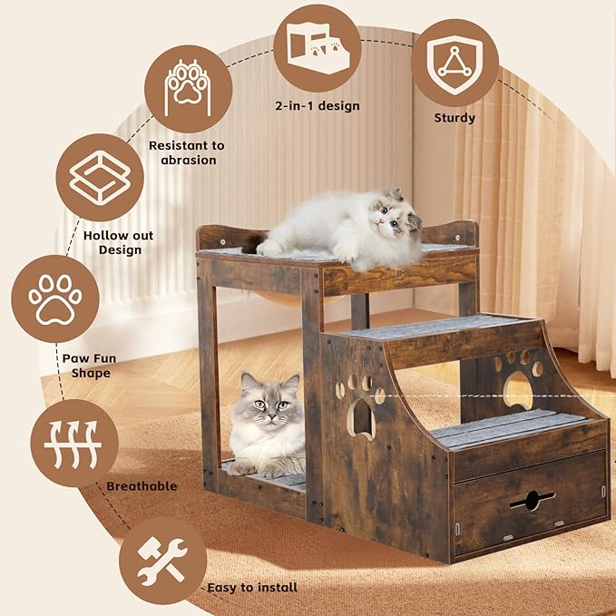 Pet Window Perch with Stairs, Super Large Pet Bunk Bed for Cats, Multi-Level Pet Seat Platform with Mats, Pet Bed Couch with Drawers for Bedside(Large)