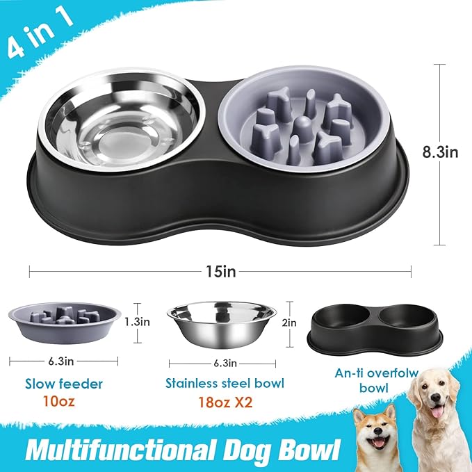 Dog Bowls Double Dog Water and Food Bowls Stainless Steel Bowls with Non-Slip Resin Station, Pet Feeder Bowls for Puppy Medium Dogs Cats