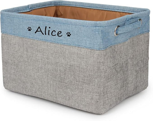 Personalized Dog Toy Bin , Foldable Dog Toy Basket Storage with Handles , Customized Name and Paw Print Pet Toy Box for Organizing Food Clothes Blanket and Pets Accessories(Blue Gray)