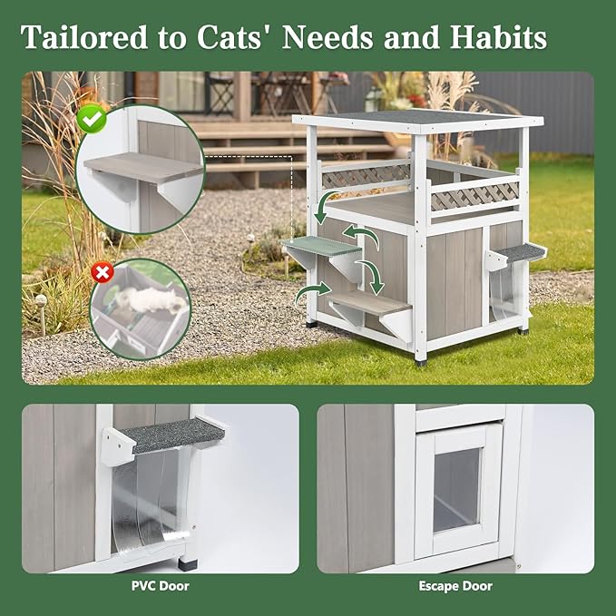 PetsCosset Outdoor Cat House 2 Story Wooden Houses for Outside Feral Cats Weatherproof Indoor Cat Condo with Large Balcony 2 Escape Doors to Enhanced Safety, Easy Slide Bottom, Simple Assembly
