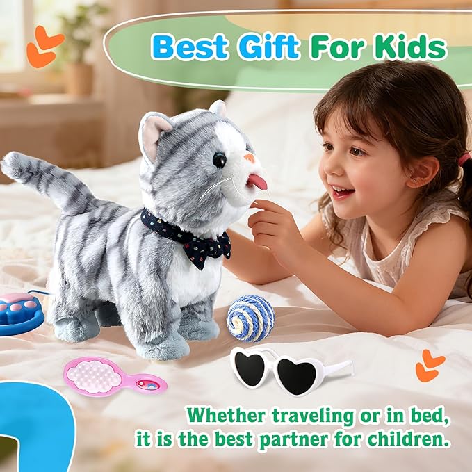 Gray Leash Walking Cat Set Toy Interactive Talking Cat Singing Dancing Kitten Mimicking Repeat What You Say Kitty Touch and Voice Control Nodding Wagging Tail Plush Electric Robot for Kid Girl