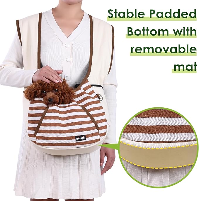 NATUYA Dog Sling Carrier Puppy Carrier, Adjustable Pet Front Sling Carrier Travel Bag with Bottom Pad, Pet Carrier for Small Dog Cat Puppy Traveling Hiking Camping (Khaki, 3-8 lb)