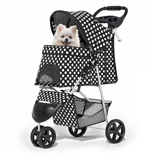 MoNiBloom 3 Wheels Pet Dog Cat Stroller for Small Medium Dogs Cats, Foldable Jogger Stroller w/Storage Basket and Cup Holder, Black Polka Dots