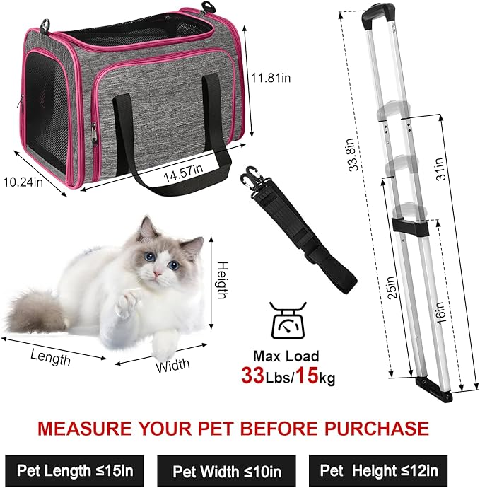 Pet Carrier with Wheels Up to 33 lbs Airline Approved Cat Carrier Rolling Pet Carrier w/Removable Wheels & Expandable Side Washable Plush Mat Pet Travel Carrier with Telescopic Handle & Shoulder Strap