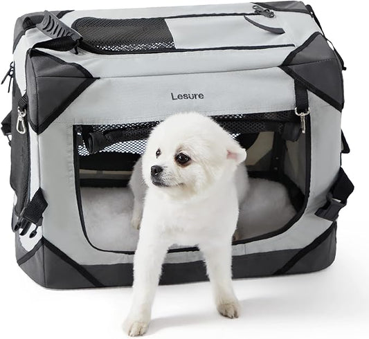Lesure Collapsible Dog Crate - Portable Travel Kennel for Extra Small Dog, 4-Door Pet Crate with Mesh Windows, Indoor & Outdoor, Light Gray
