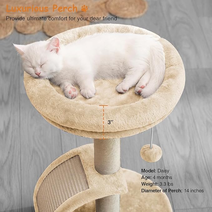 Cat Scratching Post Tower for Indoor Cats, Small Cat Tree Tower with Bed and Hanging Ball Toys, Short Modern Carpet Kitten Scratcher Stand with Large Round Perch and Scratch Ramp (Beige)