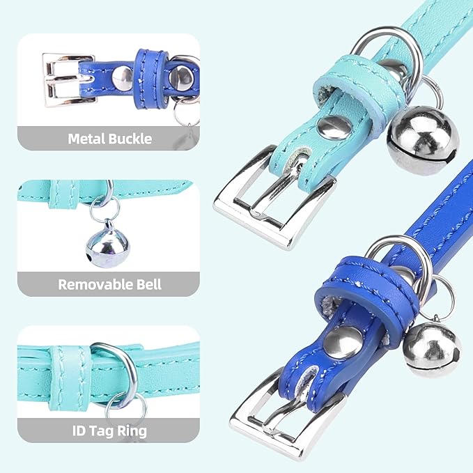 PUPTECK 2 PCS Soft Genuine Leather Cat Kitten Collar with Bells Adjustable for Girl Boy Cats Puppy - Pale Turquoise, Navy Blue