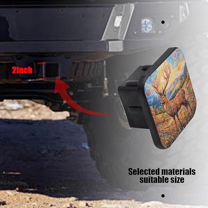 Hitch Cover Fits for 2-Inch Hitch,Deer with Intricate Patterns in A Van Gogh - Style Landscape Rubber Trailer Hitch Cover Tube Plug Insert,Car Exterior Accessories, Receiver Tube Hitch Plug