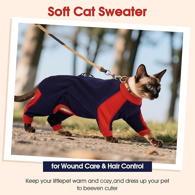 DENTRUN Cat Clothes with Anti-Shedding Fabric - Soft Recovery Suit & Breathable Lint-Resistant Cat Sweater for Wound Care & Hair Control, Kitten Onesie Pajamas, XS, Dark Blue
