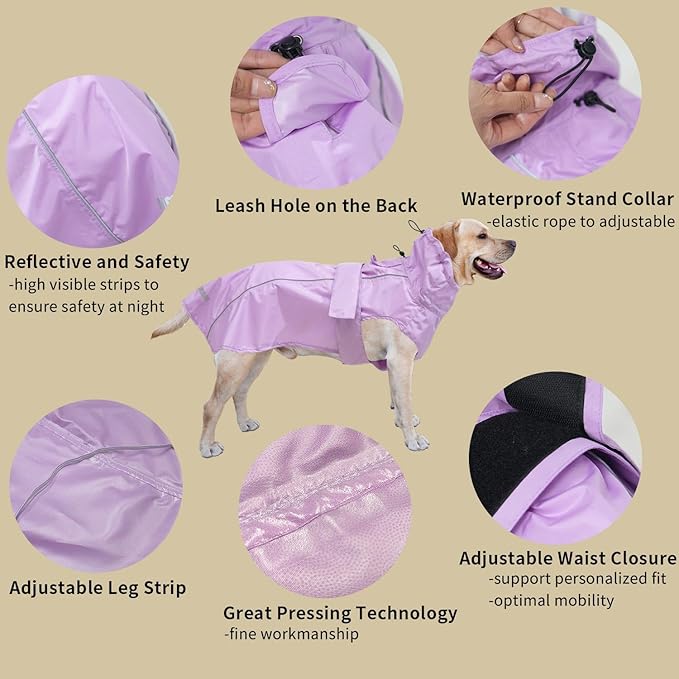 Adjustable Waterproof Dog Raincoat for Dogs,Lightweight Pet Rain Jacket Puppy Clothes with Reflective Strip for Small Medium Large Dogs (Light Purple, XX-Large)