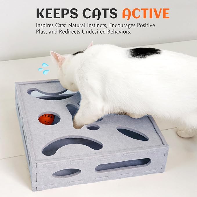PETKARAY Felt Cat Puzzle Toy, Interactive Cat Toys for Indoor Cats, Interactive Maze for Kitten Felt Puzzle Box with Ball, Grey