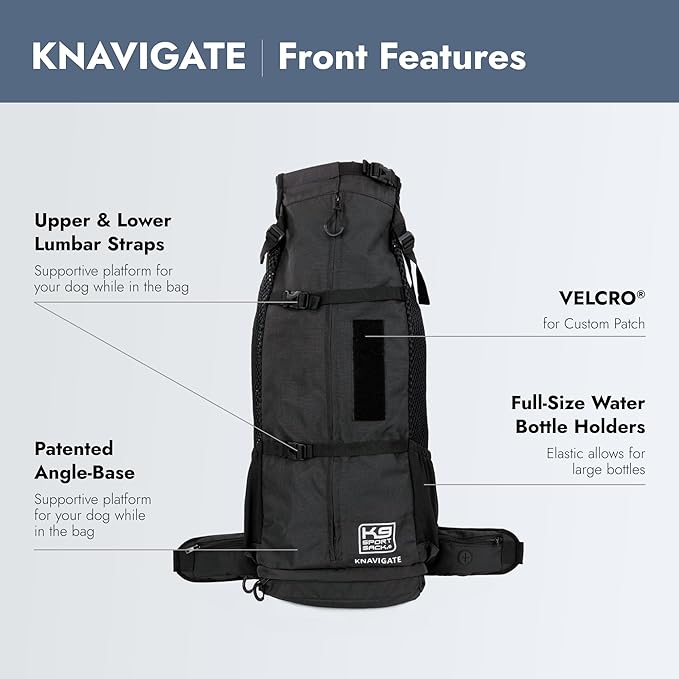 K9 Sport Sack Knavigate - Large, Midnight Black - Ideal for Dogs with 20-22” Back Length - Adjustable, Backpack-Style Carrier with Internal Frame & Padded Hip Belt
