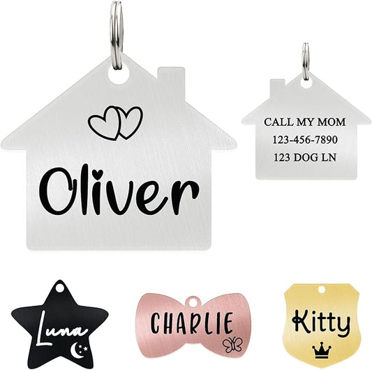 Ultra Joys Cat ID Tag Personalized Pet Tags, Durable Stainless Steel Small Pet Mini Dog Cat Tag Lightweight - House Tag in Silver
