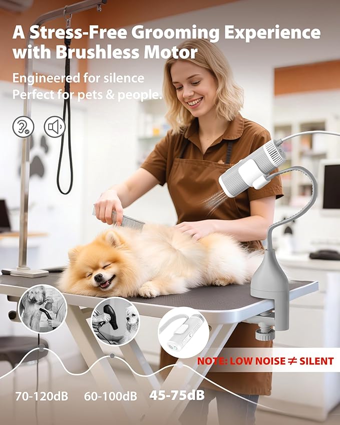 L&W BROS. 2-in-1 Pet Hair Dryer with Clamp Stand – Wearable & Hands Free Dog Grooming Dryer, 950W Low Noise Blower with 5 Heat & 3 Speed Settings, for Small to Medium Pets (White)